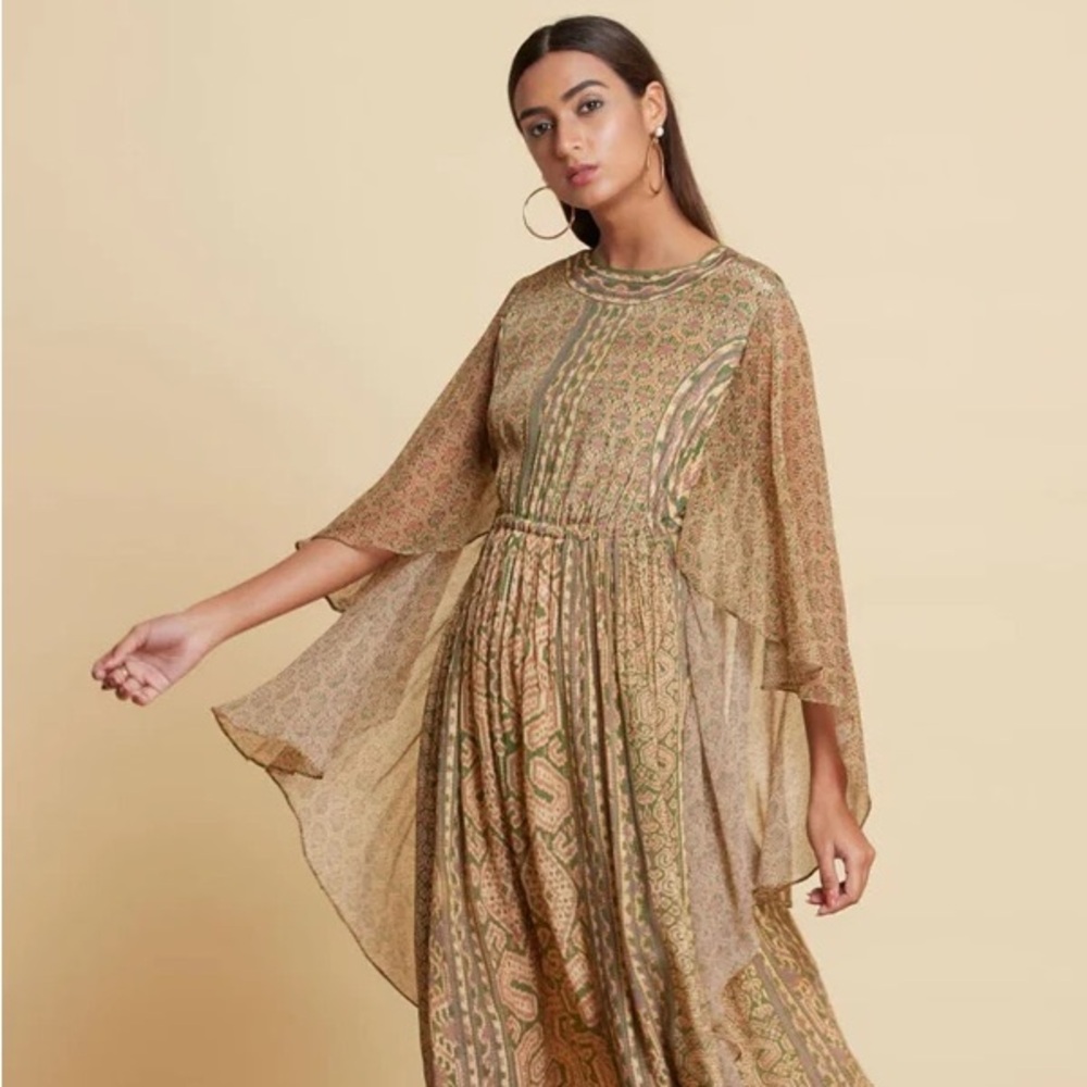 Ritu Kumar Tan and Olive Green Paisley Midi Dress